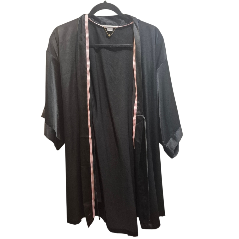 Victoria's Secret Black Satin With Pink Trim Mini Robe Pockets M/L Medium Large